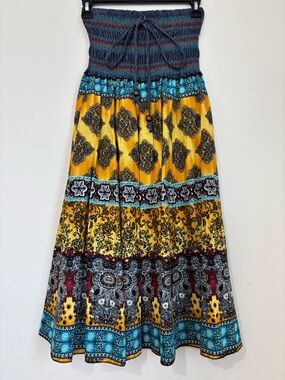 NEW Y2K boho cottage ethnic print smoked high rise pleated A-line Midi Skirt XS